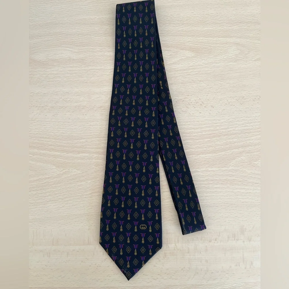 Gucci Black Silk Tie Gold Tassels,Fuschia Pink and blue Pattern Vintage BNWOT